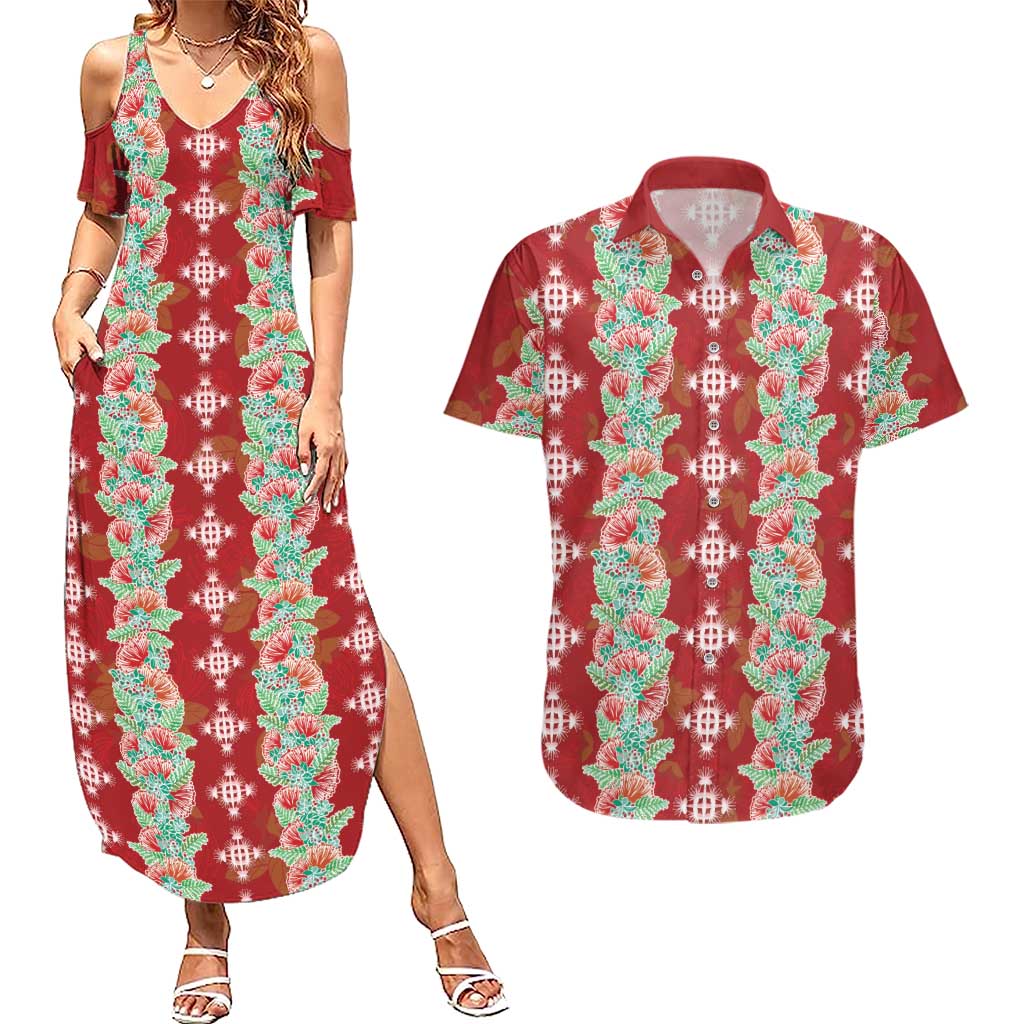 Hawaii Ohia Lehua Couples Matching Summer Maxi Dress and Hawaiian Shirt Tropical Vibes Crimson LT05 Crimson - Polynesian Pride