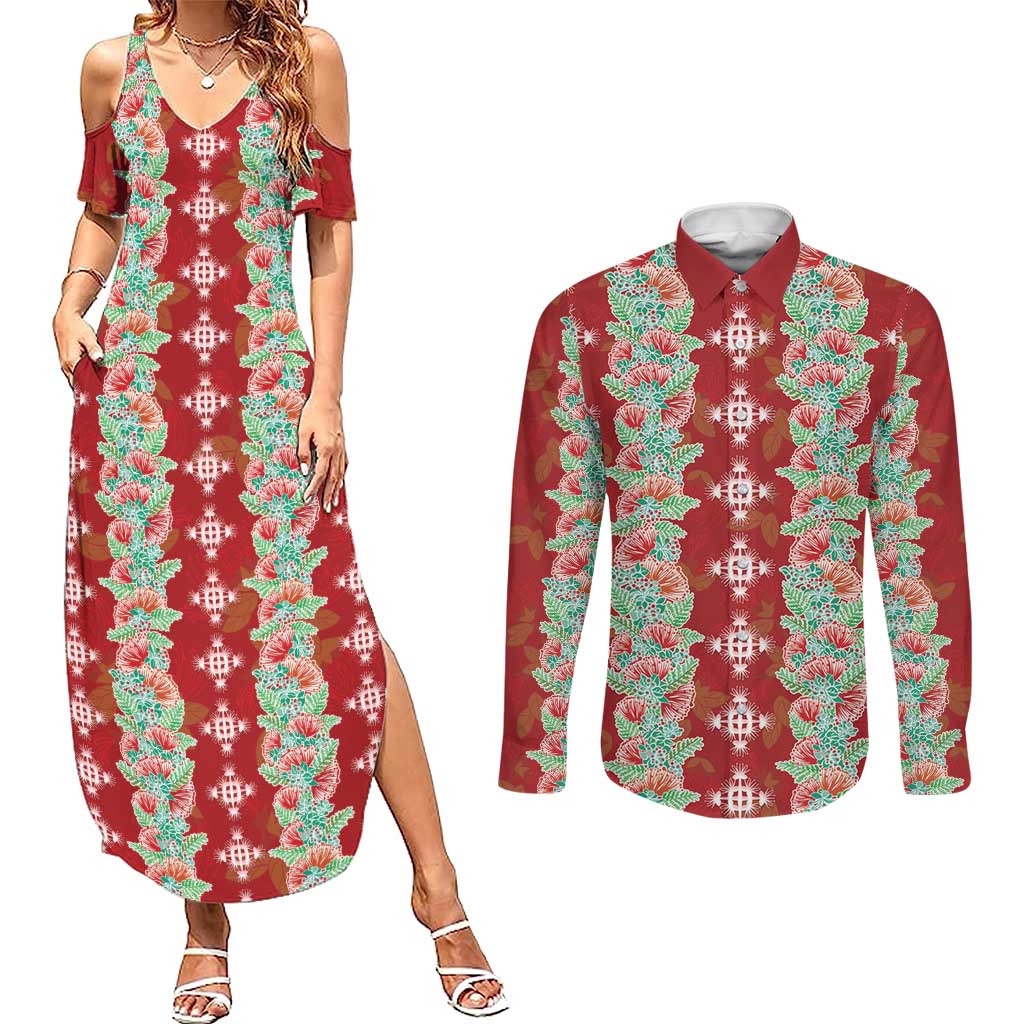 Hawaii Ohia Lehua Couples Matching Summer Maxi Dress and Long Sleeve Button Shirt Tropical Vibes Crimson LT05 Crimson - Polynesian Pride