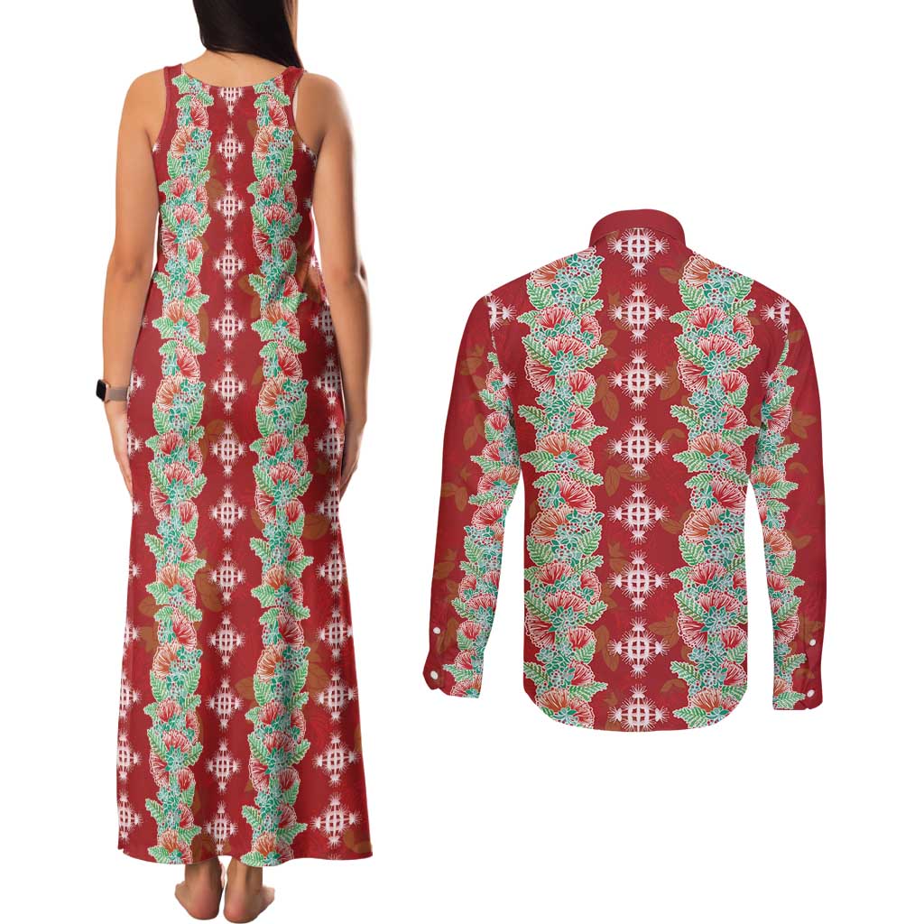 Hawaii Ohia Lehua Couples Matching Tank Maxi Dress and Long Sleeve Button Shirt Tropical Vibes Crimson LT05 - Polynesian Pride