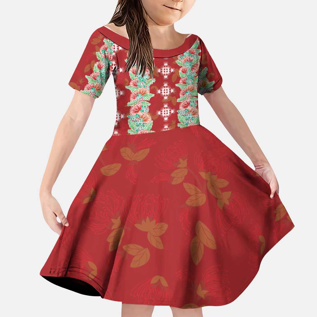 Hawaii Ohia Lehua Family Matching Long Sleeve Bodycon Dress and Hawaiian Shirt Tropical Vibes Crimson LT05 Daughter's Dress Crimson - Polynesian Pride