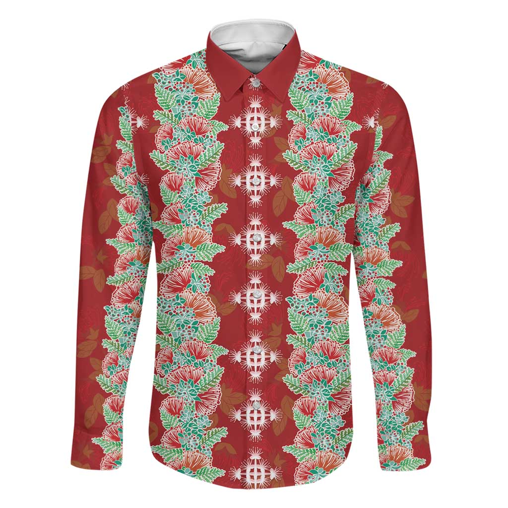 Hawaii Ohia Lehua Family Matching Off Shoulder Maxi Dress and Hawaiian Shirt Tropical Vibes Crimson LT05 Dad's Shirt - Long Sleeve Crimson - Polynesian Pride