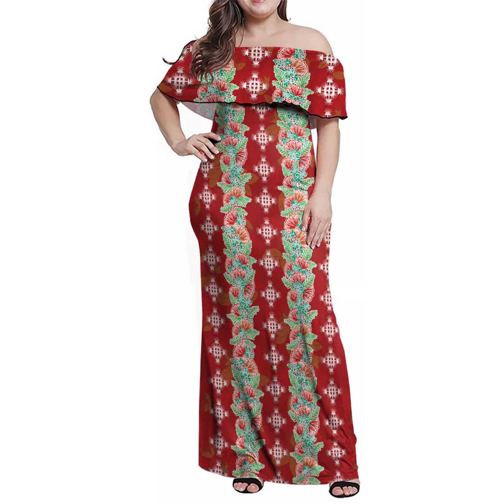 Hawaii Ohia Lehua Family Matching Off Shoulder Maxi Dress and Hawaiian Shirt Tropical Vibes Crimson LT05 Mom's Dress Crimson - Polynesian Pride