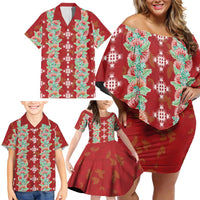 Hawaii Ohia Lehua Family Matching Off Shoulder Short Dress and Hawaiian Shirt Tropical Vibes Crimson LT05 - Polynesian Pride