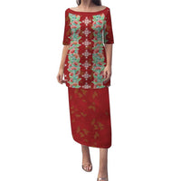 Hawaii Ohia Lehua Family Matching Puletasi and Hawaiian Shirt Tropical Vibes Crimson LT05 Mom's Dress Crimson - Polynesian Pride
