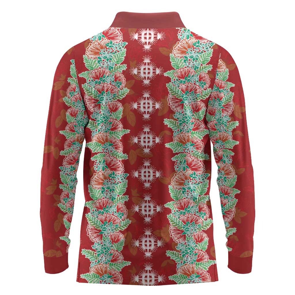 Hawaii Ohia Lehua Long Sleeve Polo Shirt Tropical Vibes Crimson