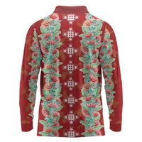 Hawaii Ohia Lehua Long Sleeve Polo Shirt Tropical Vibes Crimson