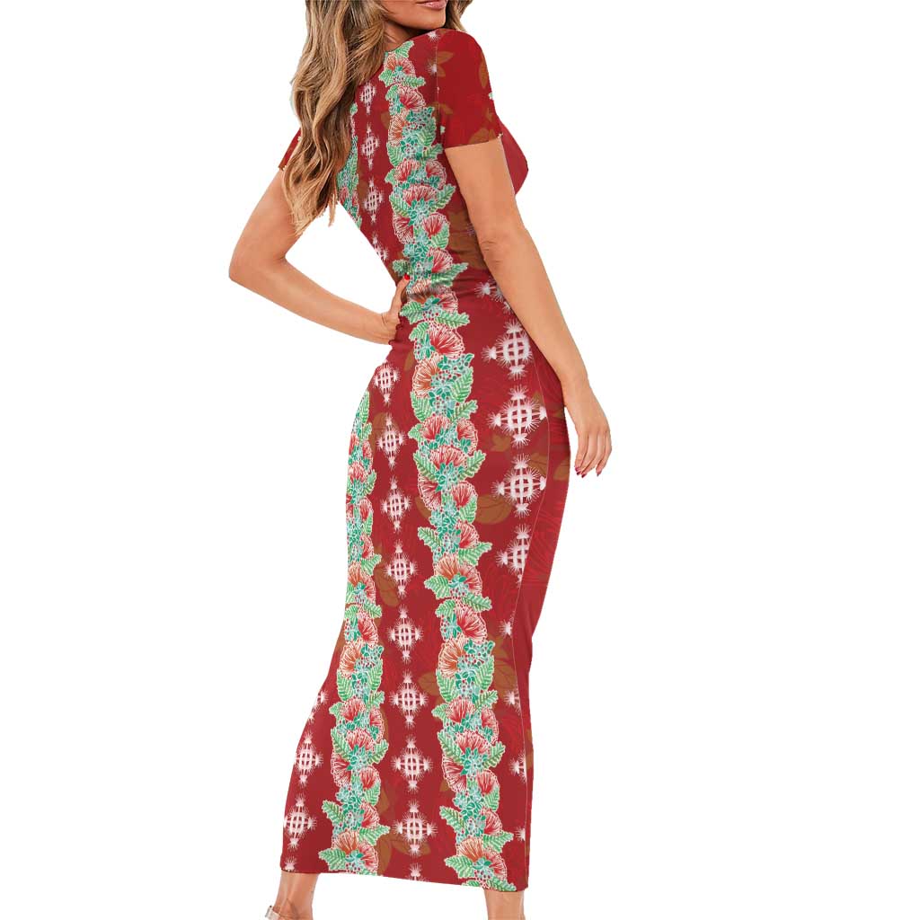 Hawaii Ohia Lehua Short Sleeve Bodycon Dress Tropical Vibes Crimson
