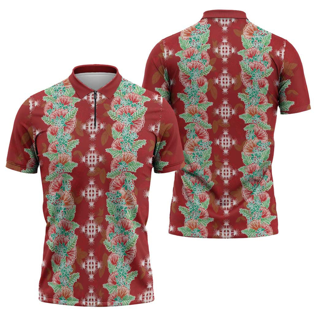Hawaii Ohia Lehua Zipper Polo Shirt Tropical Vibes Crimson
