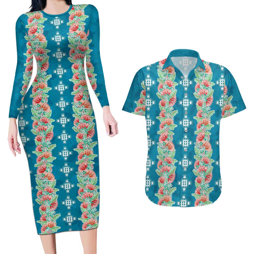 Hawaii Ohia Lehua Couples Matching Long Sleeve Bodycon Dress and Hawaiian Shirt Tropical Vibes Teal LT05 Teal - Polynesian Pride