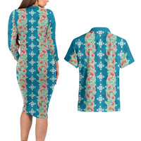 Hawaii Ohia Lehua Couples Matching Long Sleeve Bodycon Dress and Hawaiian Shirt Tropical Vibes Teal LT05 - Polynesian Pride