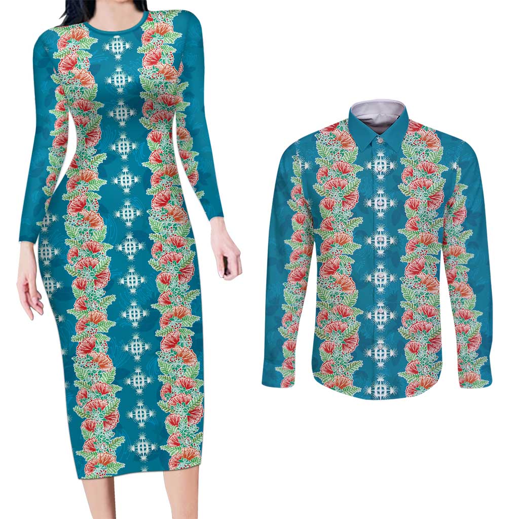 Hawaii Ohia Lehua Couples Matching Long Sleeve Bodycon Dress and Long Sleeve Button Shirt Tropical Vibes Teal LT05 Teal - Polynesian Pride