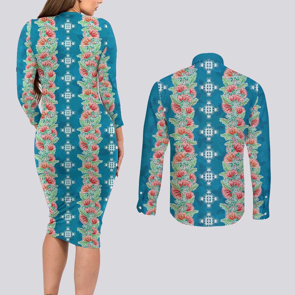Hawaii Ohia Lehua Couples Matching Long Sleeve Bodycon Dress and Long Sleeve Button Shirt Tropical Vibes Teal LT05 - Polynesian Pride