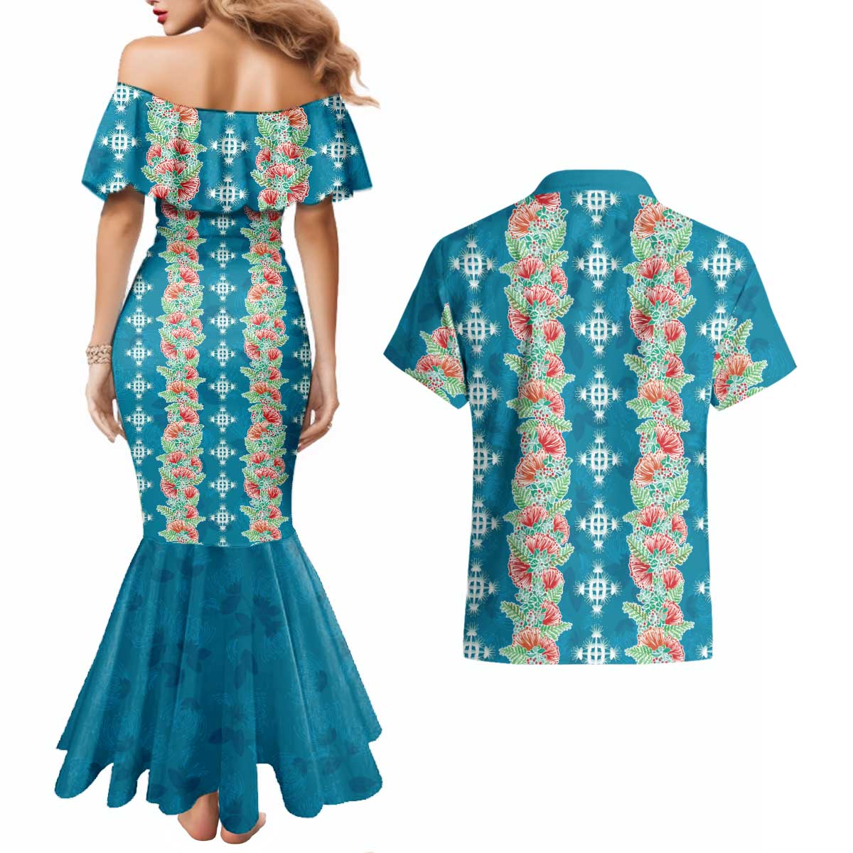 Hawaii Ohia Lehua Couples Matching Mermaid Dress and Hawaiian Shirt Tropical Vibes Teal LT05 - Polynesian Pride