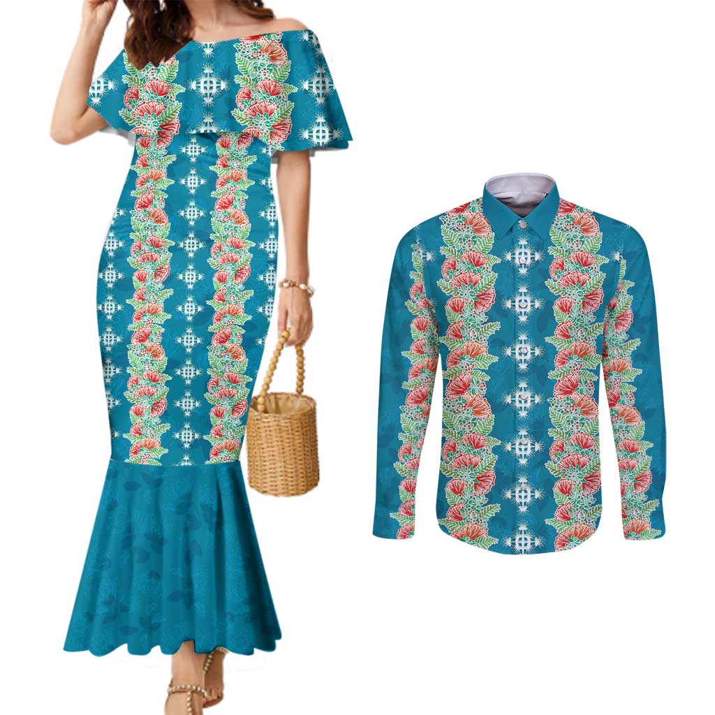 Hawaii Ohia Lehua Couples Matching Mermaid Dress and Long Sleeve Button Shirt Tropical Vibes Teal LT05 Teal - Polynesian Pride