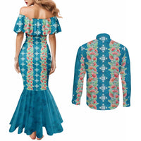 Hawaii Ohia Lehua Couples Matching Mermaid Dress and Long Sleeve Button Shirt Tropical Vibes Teal LT05 - Polynesian Pride