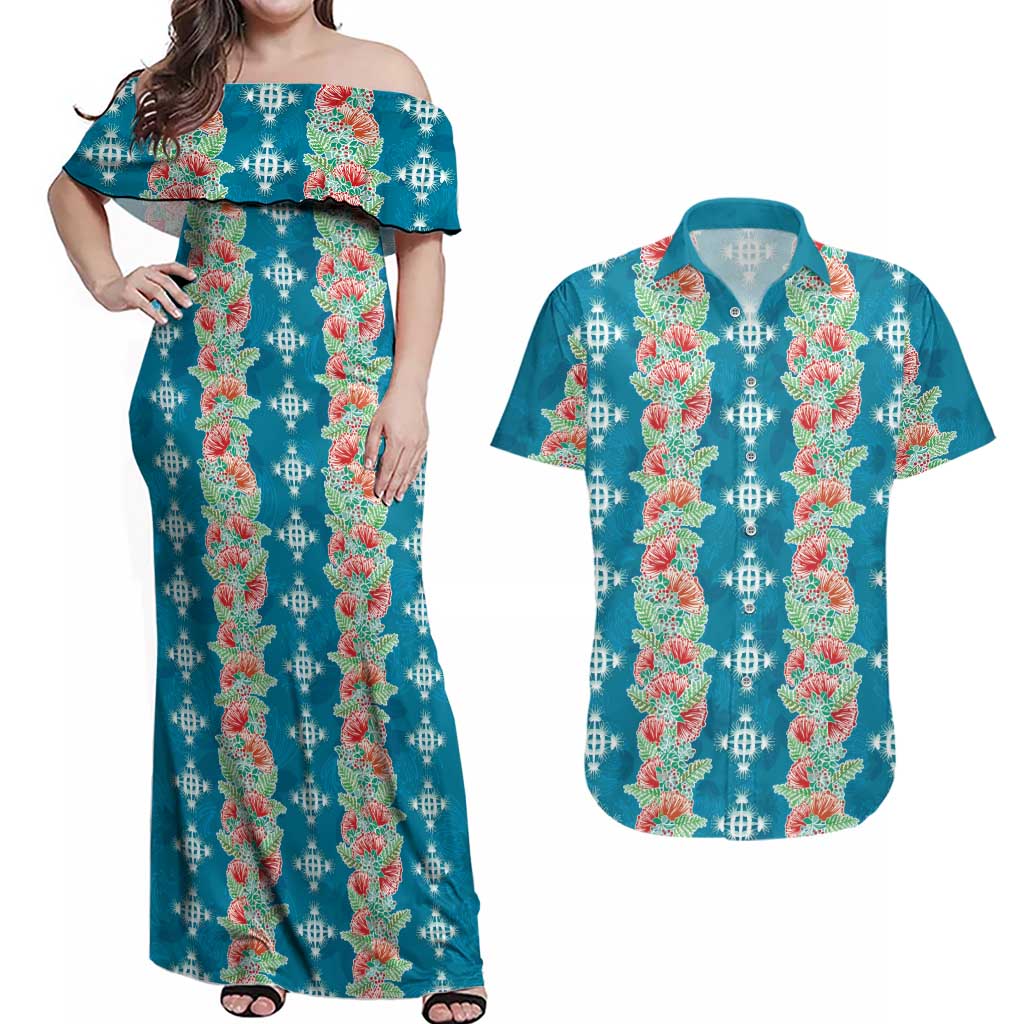 Hawaii Ohia Lehua Couples Matching Off Shoulder Maxi Dress and Hawaiian Shirt Tropical Vibes Teal LT05 Teal - Polynesian Pride