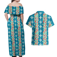 Hawaii Ohia Lehua Couples Matching Off Shoulder Maxi Dress and Hawaiian Shirt Tropical Vibes Teal LT05 - Polynesian Pride