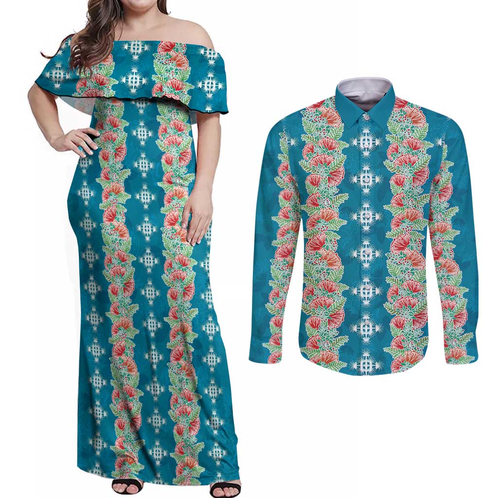 Hawaii Ohia Lehua Couples Matching Off Shoulder Maxi Dress and Long Sleeve Button Shirt Tropical Vibes Teal LT05 Teal - Polynesian Pride