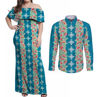 Hawaii Ohia Lehua Couples Matching Off Shoulder Maxi Dress and Long Sleeve Button Shirt Tropical Vibes Teal LT05 Teal - Polynesian Pride