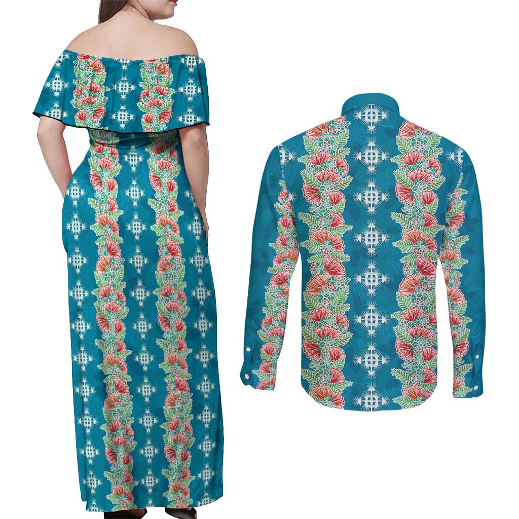 Hawaii Ohia Lehua Couples Matching Off Shoulder Maxi Dress and Long Sleeve Button Shirt Tropical Vibes Teal LT05 - Polynesian Pride