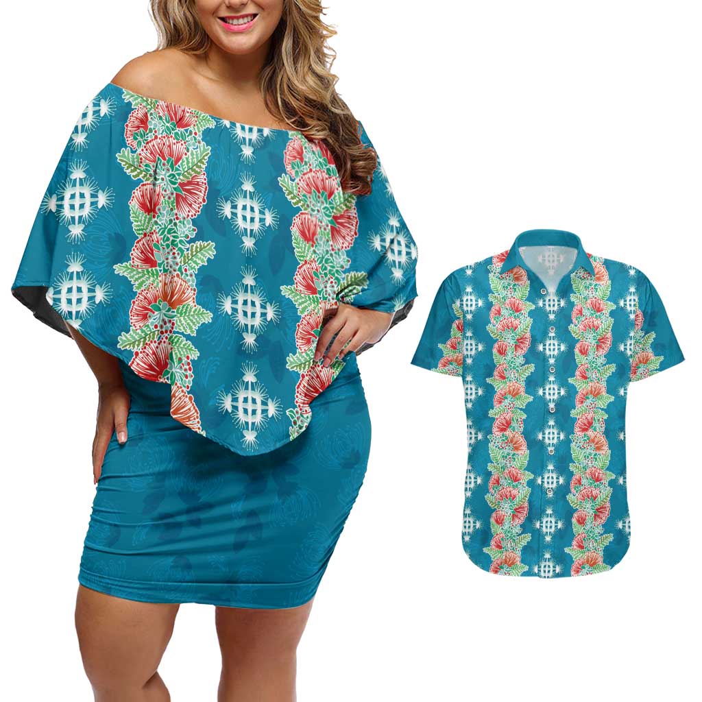 Hawaii Ohia Lehua Couples Matching Off Shoulder Short Dress and Hawaiian Shirt Tropical Vibes Teal LT05 Teal - Polynesian Pride