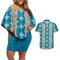Hawaii Ohia Lehua Couples Matching Off Shoulder Short Dress and Hawaiian Shirt Tropical Vibes Teal LT05 Teal - Polynesian Pride