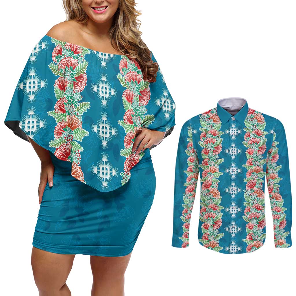 Hawaii Ohia Lehua Couples Matching Off Shoulder Short Dress and Long Sleeve Button Shirt Tropical Vibes Teal LT05 Teal - Polynesian Pride