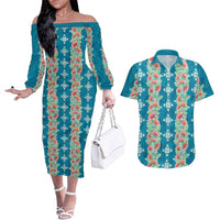 Hawaii Ohia Lehua Couples Matching Off The Shoulder Long Sleeve Dress and Hawaiian Shirt Tropical Vibes Teal LT05 Teal - Polynesian Pride