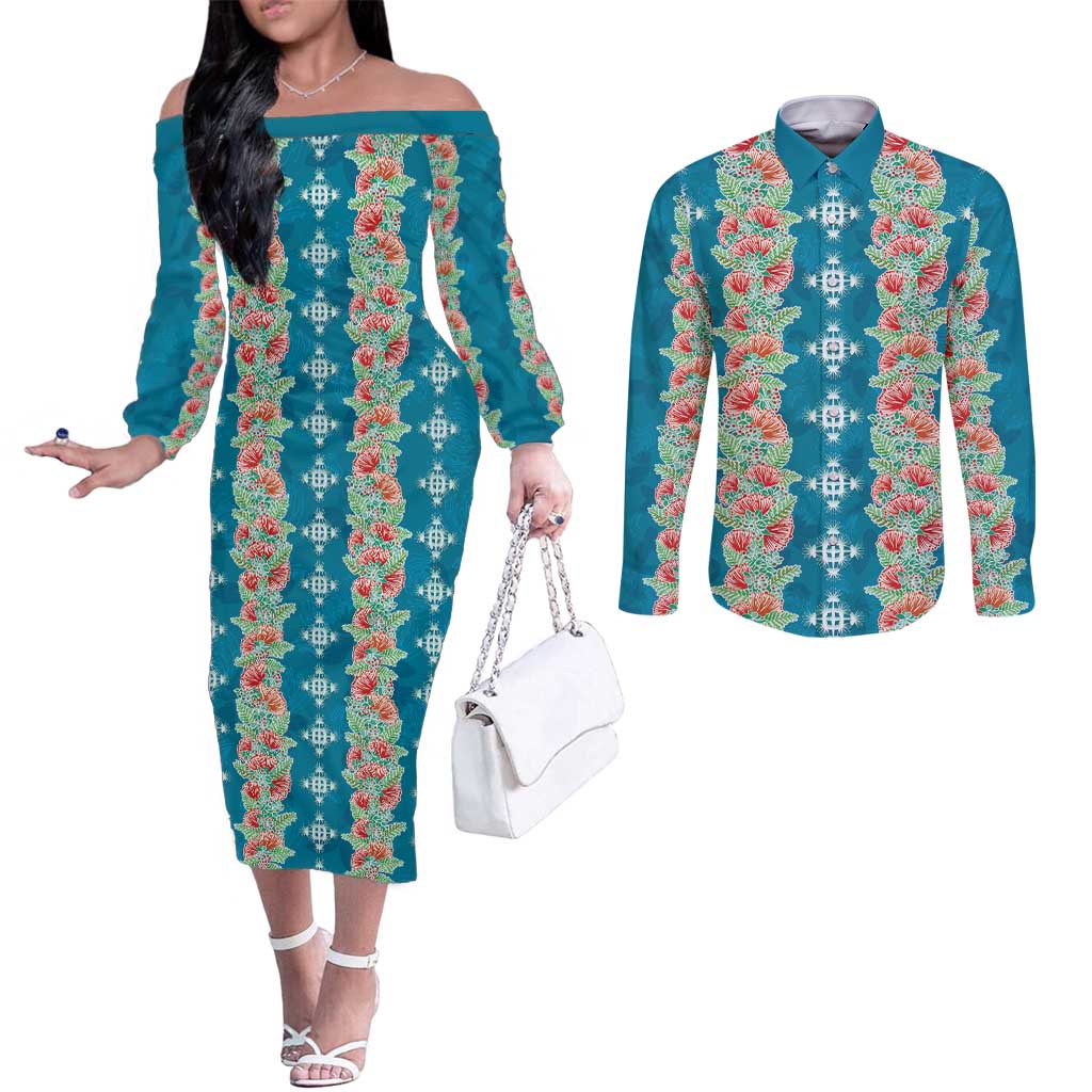 Hawaii Ohia Lehua Couples Matching Off The Shoulder Long Sleeve Dress and Long Sleeve Button Shirt Tropical Vibes Teal LT05 Teal - Polynesian Pride