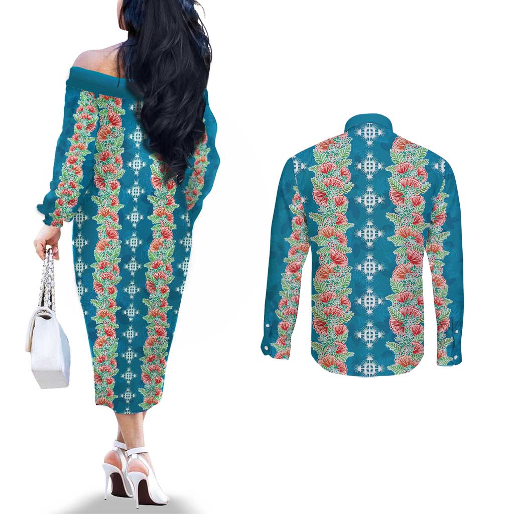 Hawaii Ohia Lehua Couples Matching Off The Shoulder Long Sleeve Dress and Long Sleeve Button Shirt Tropical Vibes Teal LT05 - Polynesian Pride