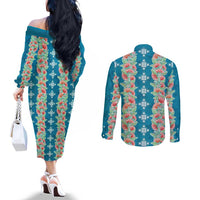 Hawaii Ohia Lehua Couples Matching Off The Shoulder Long Sleeve Dress and Long Sleeve Button Shirt Tropical Vibes Teal LT05 - Polynesian Pride
