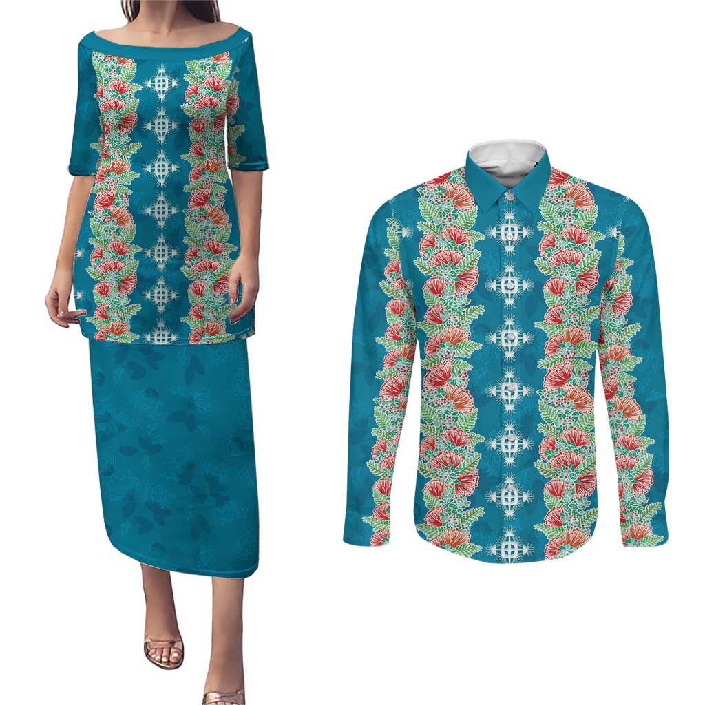 Hawaii Ohia Lehua Couples Matching Puletasi and Long Sleeve Button Shirt Tropical Vibes Teal LT05 Teal - Polynesian Pride