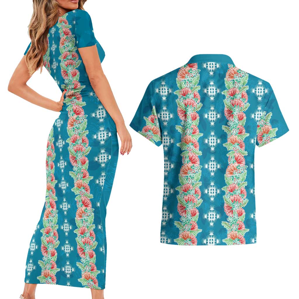 Hawaii Ohia Lehua Couples Matching Short Sleeve Bodycon Dress and Hawaiian Shirt Tropical Vibes Teal LT05 - Polynesian Pride
