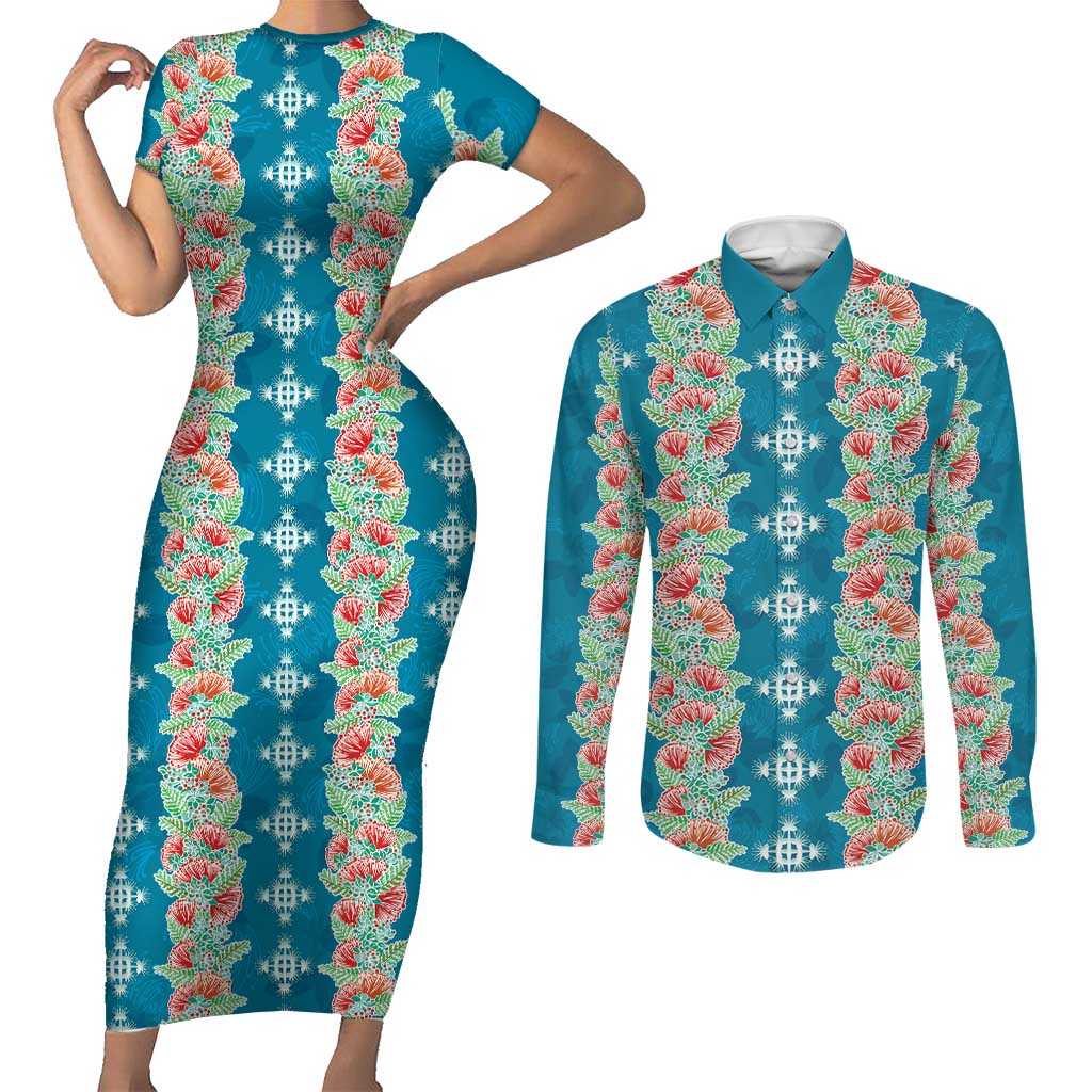 Hawaii Ohia Lehua Couples Matching Short Sleeve Bodycon Dress and Long Sleeve Button Shirt Tropical Vibes Teal LT05 Teal - Polynesian Pride