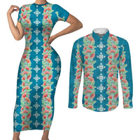 Hawaii Ohia Lehua Couples Matching Short Sleeve Bodycon Dress and Long Sleeve Button Shirt Tropical Vibes Teal LT05 Teal - Polynesian Pride