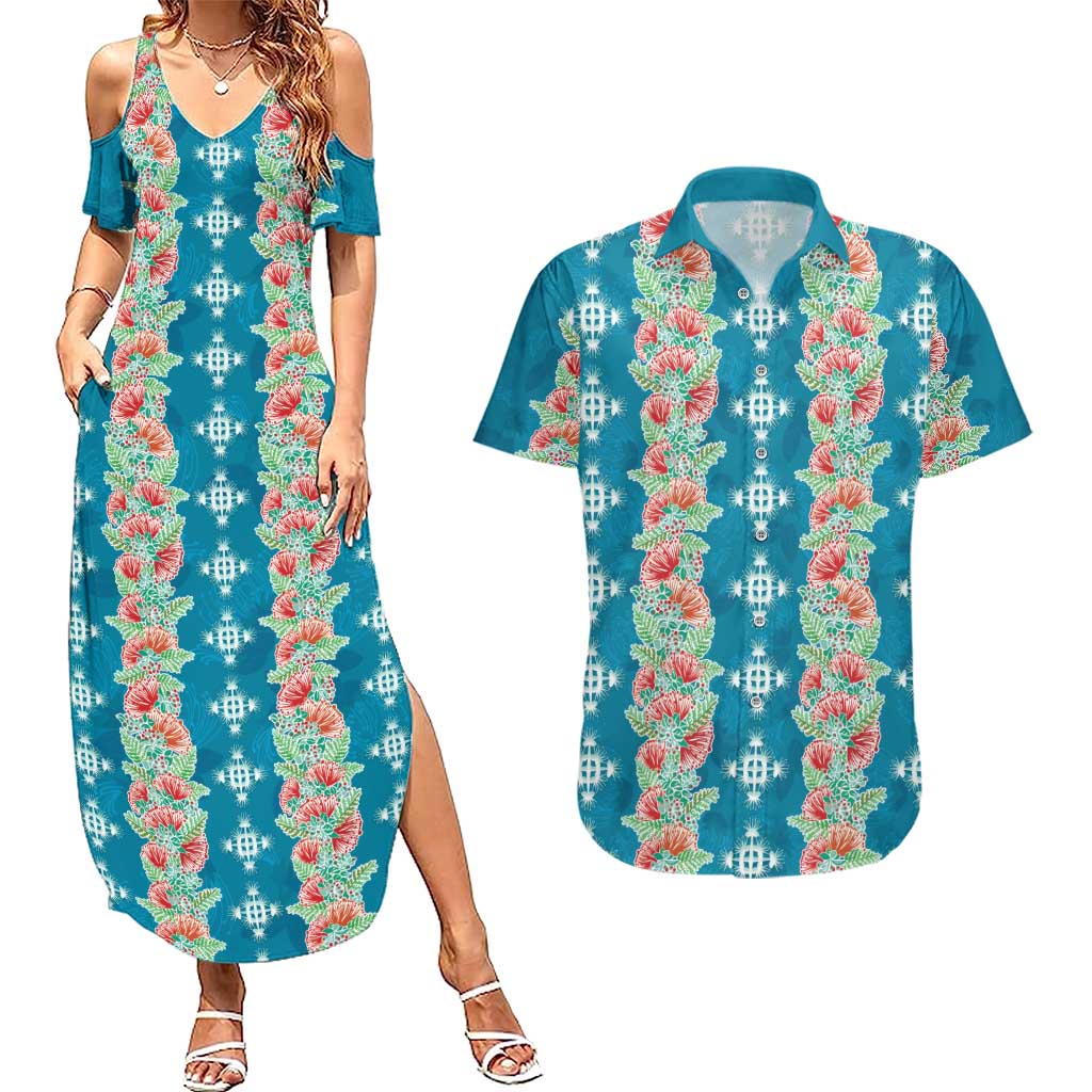 Hawaii Ohia Lehua Couples Matching Summer Maxi Dress and Hawaiian Shirt Tropical Vibes Teal LT05 Teal - Polynesian Pride