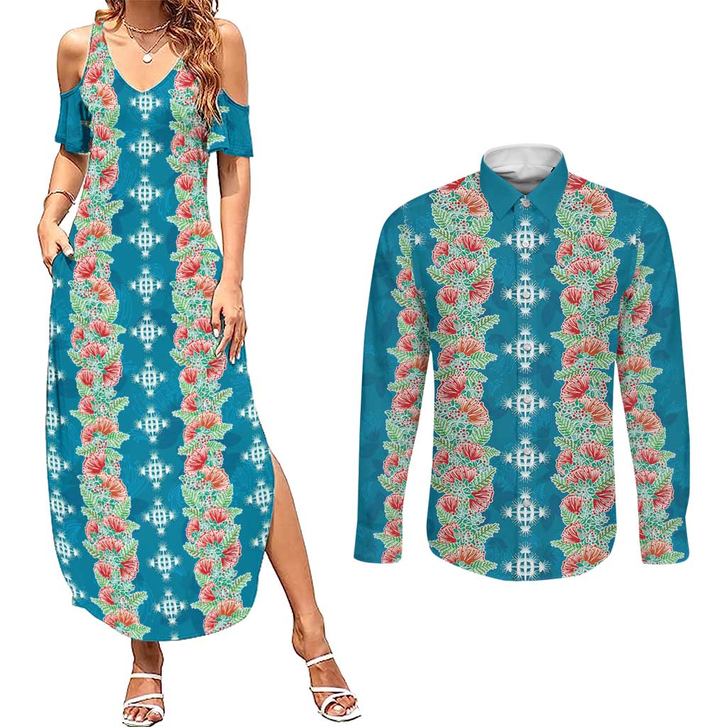 Hawaii Ohia Lehua Couples Matching Summer Maxi Dress and Long Sleeve Button Shirt Tropical Vibes Teal LT05 Teal - Polynesian Pride