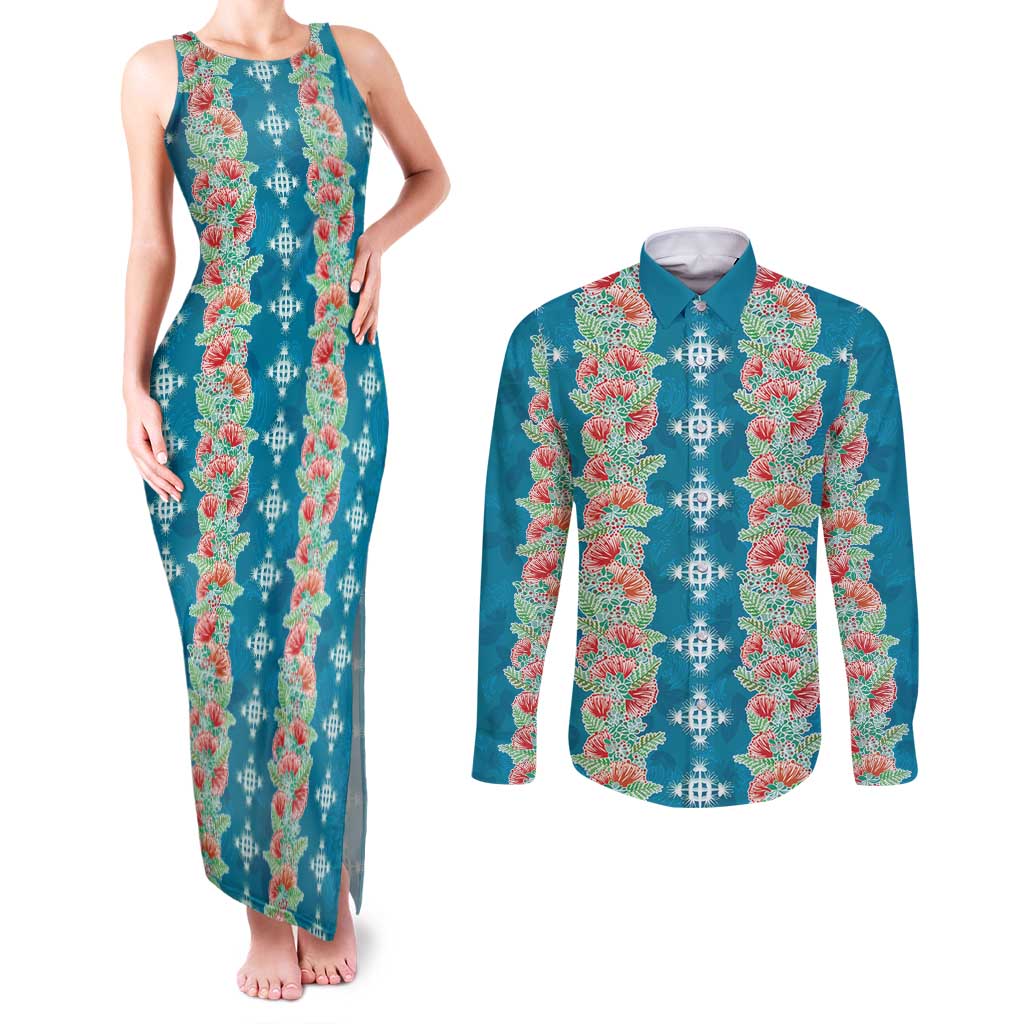 Hawaii Ohia Lehua Couples Matching Tank Maxi Dress and Long Sleeve Button Shirt Tropical Vibes Teal LT05 Teal - Polynesian Pride