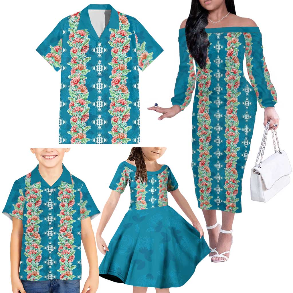 Hawaii Ohia Lehua Family Matching Off The Shoulder Long Sleeve Dress and Hawaiian Shirt Tropical Vibes Teal LT05 - Polynesian Pride