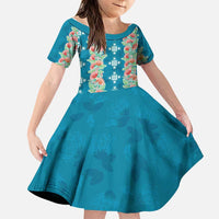 Hawaii Ohia Lehua Family Matching Off Shoulder Maxi Dress and Hawaiian Shirt Tropical Vibes Teal LT05 Daughter's Dress Teal - Polynesian Pride