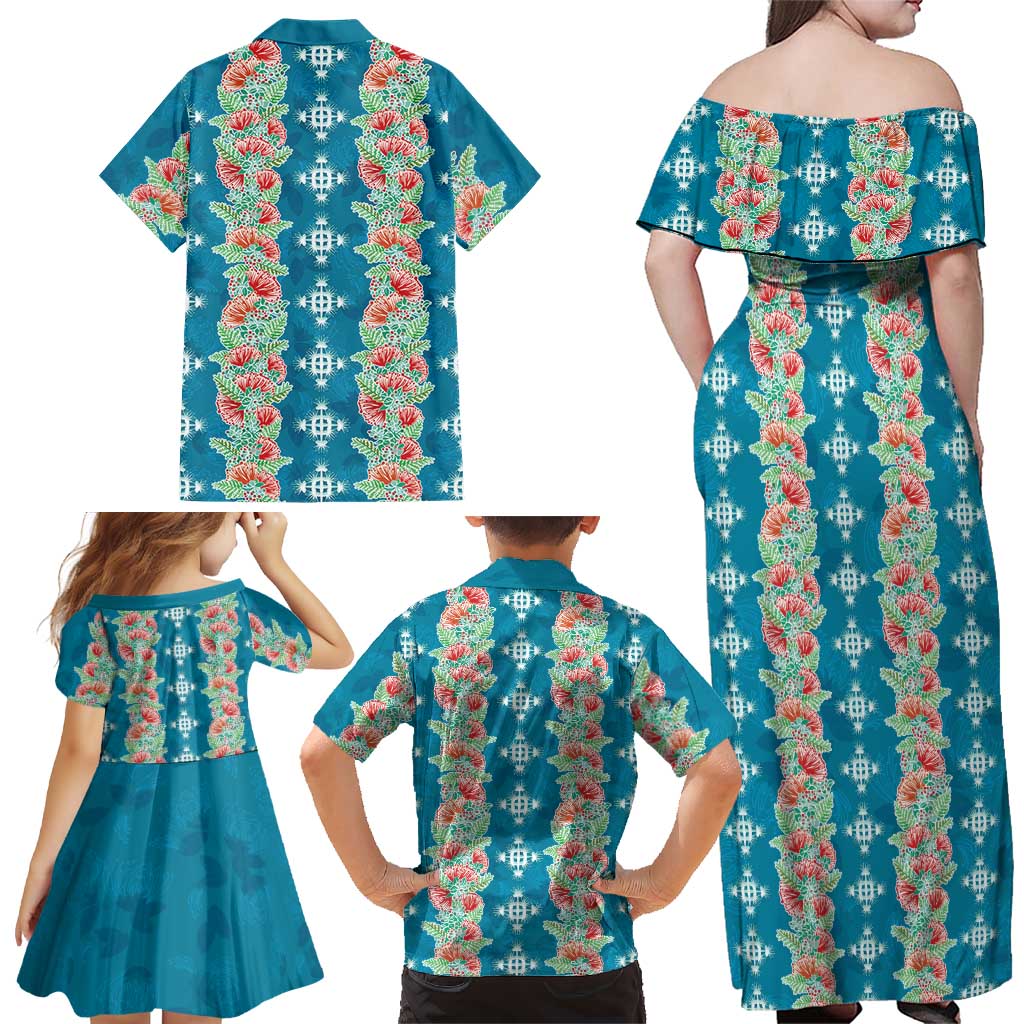 Hawaii Ohia Lehua Family Matching Off Shoulder Maxi Dress and Hawaiian Shirt Tropical Vibes Teal LT05 - Polynesian Pride