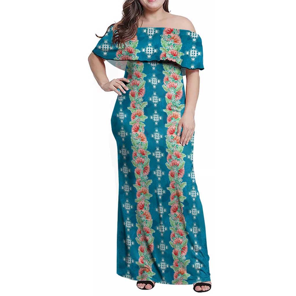 Hawaii Ohia Lehua Family Matching Off Shoulder Maxi Dress and Hawaiian Shirt Tropical Vibes Teal LT05 Mom's Dress Teal - Polynesian Pride