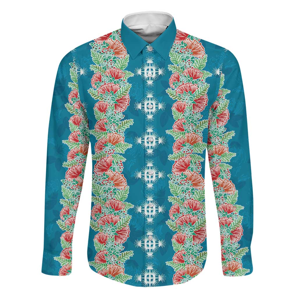 Hawaii Ohia Lehua Family Matching Summer Maxi Dress and Hawaiian Shirt Tropical Vibes Teal LT05 Dad's Shirt - Long Sleeve Teal - Polynesian Pride