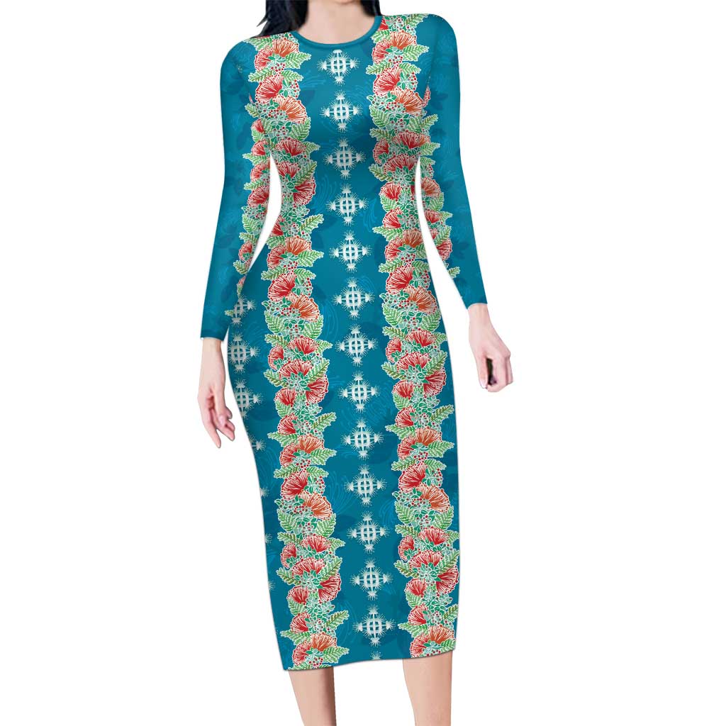Hawaii Ohia Lehua Long Sleeve Bodycon Dress Tropical Vibes Teal LT05 Long Dress Teal - Polynesian Pride