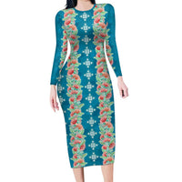 Hawaii Ohia Lehua Long Sleeve Bodycon Dress Tropical Vibes Teal LT05 Long Dress Teal - Polynesian Pride