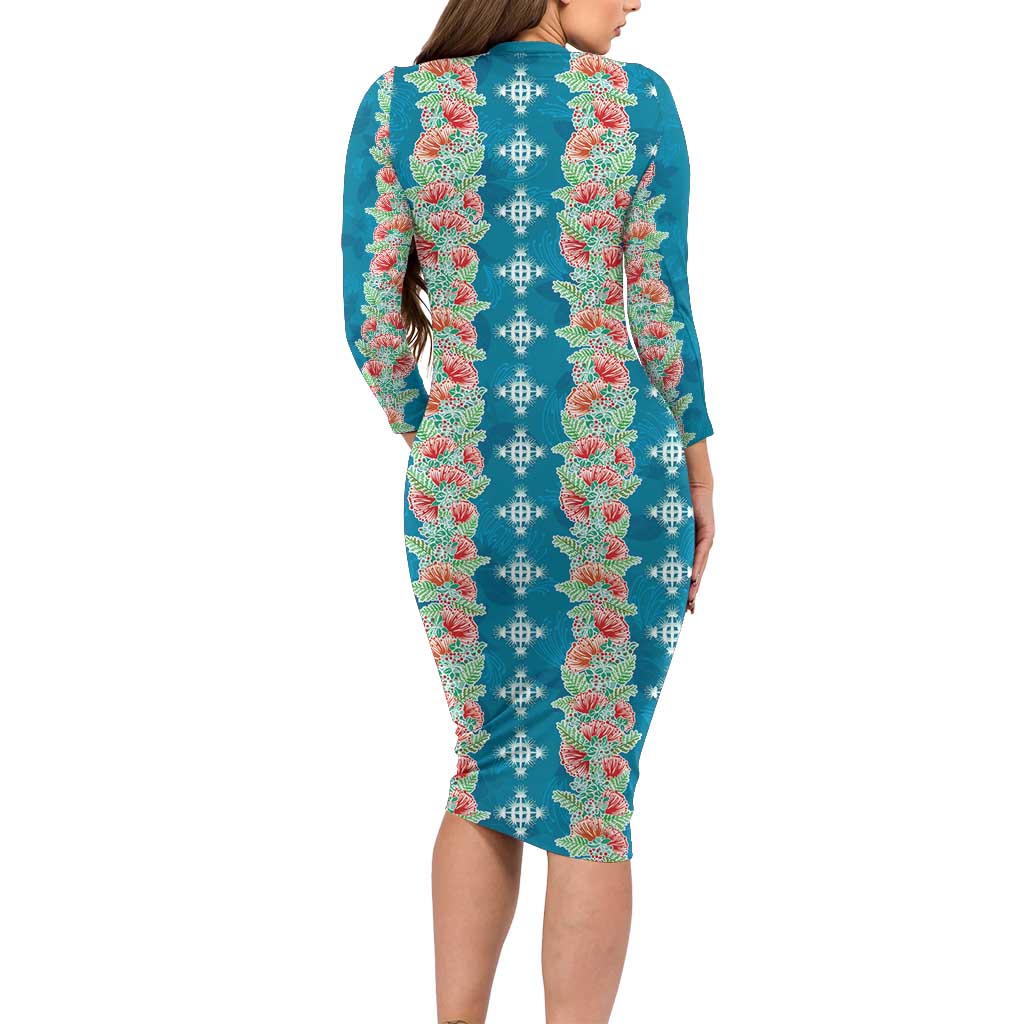 Hawaii Ohia Lehua Long Sleeve Bodycon Dress Tropical Vibes Teal LT05 - Polynesian Pride