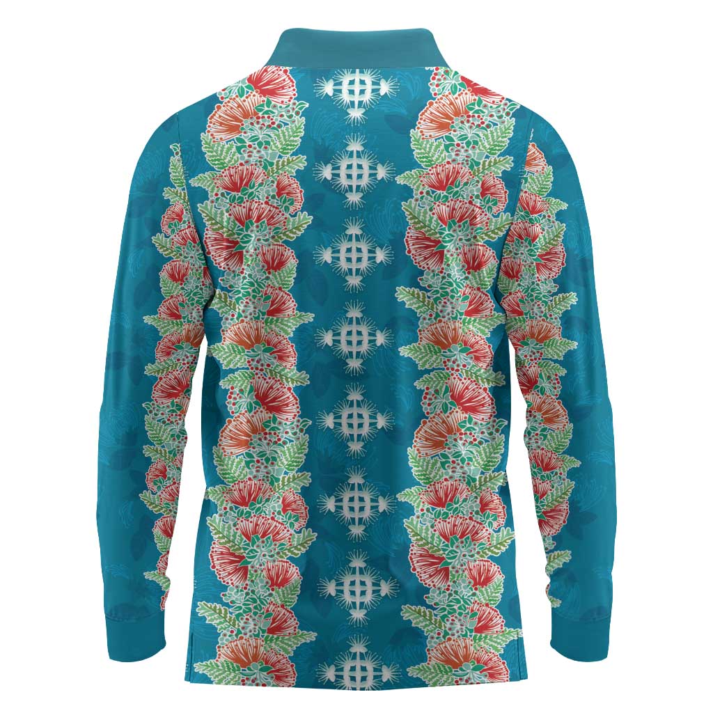 Hawaii Ohia Lehua Long Sleeve Polo Shirt Tropical Vibes Teal