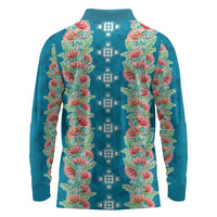 Hawaii Ohia Lehua Long Sleeve Polo Shirt Tropical Vibes Teal
