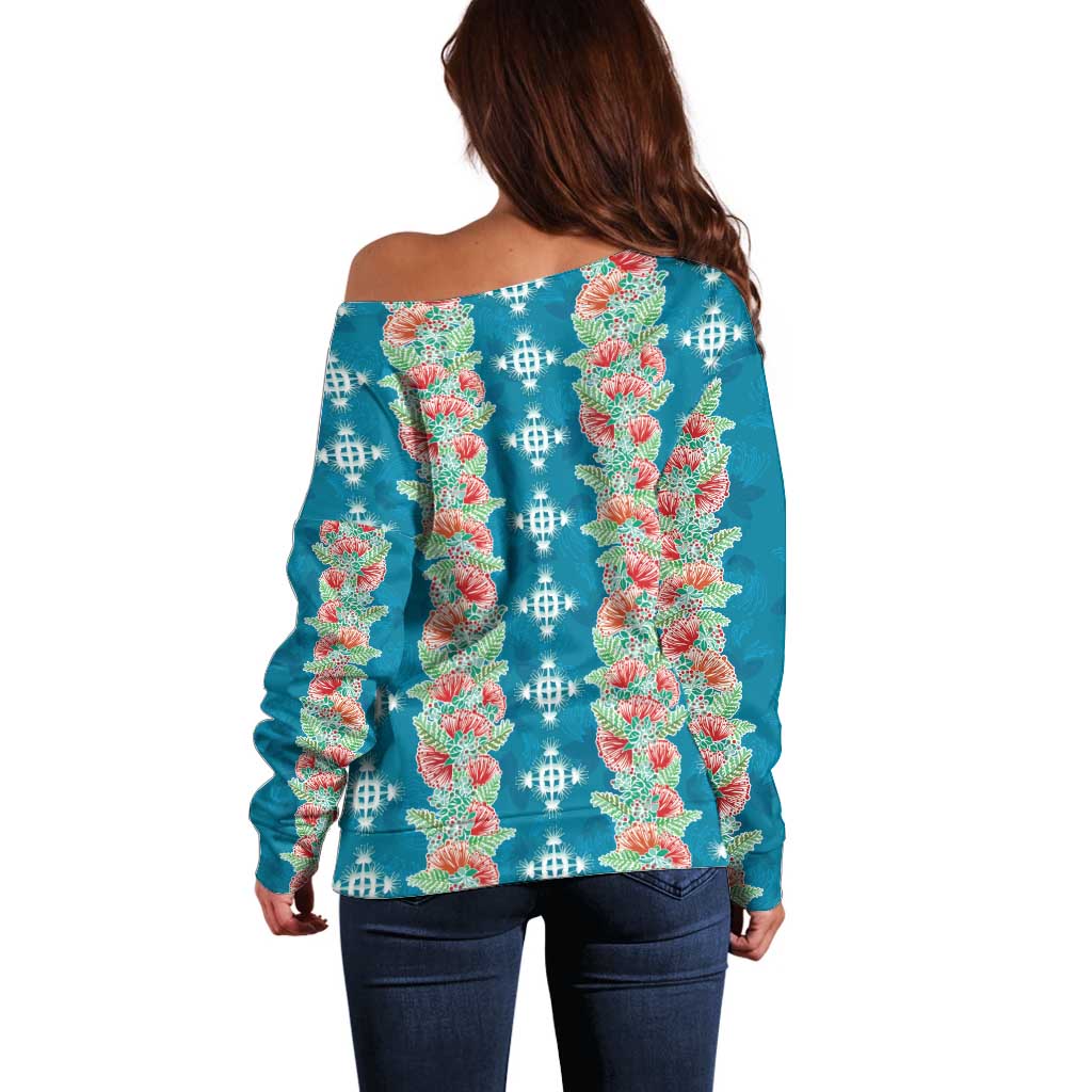 Hawaii Ohia Lehua Off Shoulder Sweater Tropical Vibes Teal