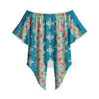 Hawaii Ohia Lehua Off Shoulder Wrap Waist Top Tropical Vibes Teal LT05 Teal - Polynesian Pride